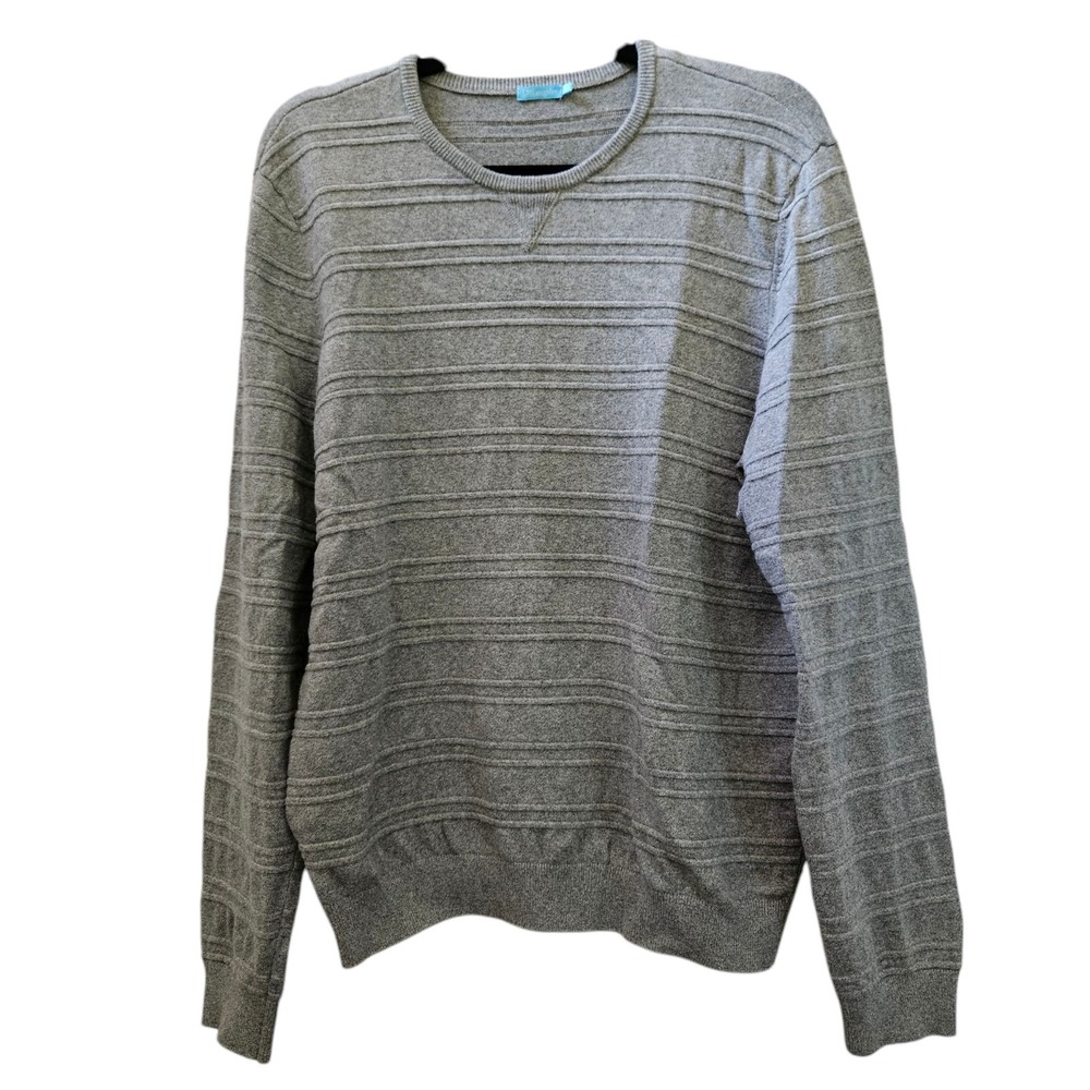 J McLaughlin Sweater Men's L Grey Striped Crew Neck Pullover Long Sleeve Stretch